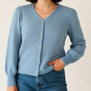 Vintage 80s Blue Knit Cardigan Sweater Pearl Buttons Floral Pattern Union USA